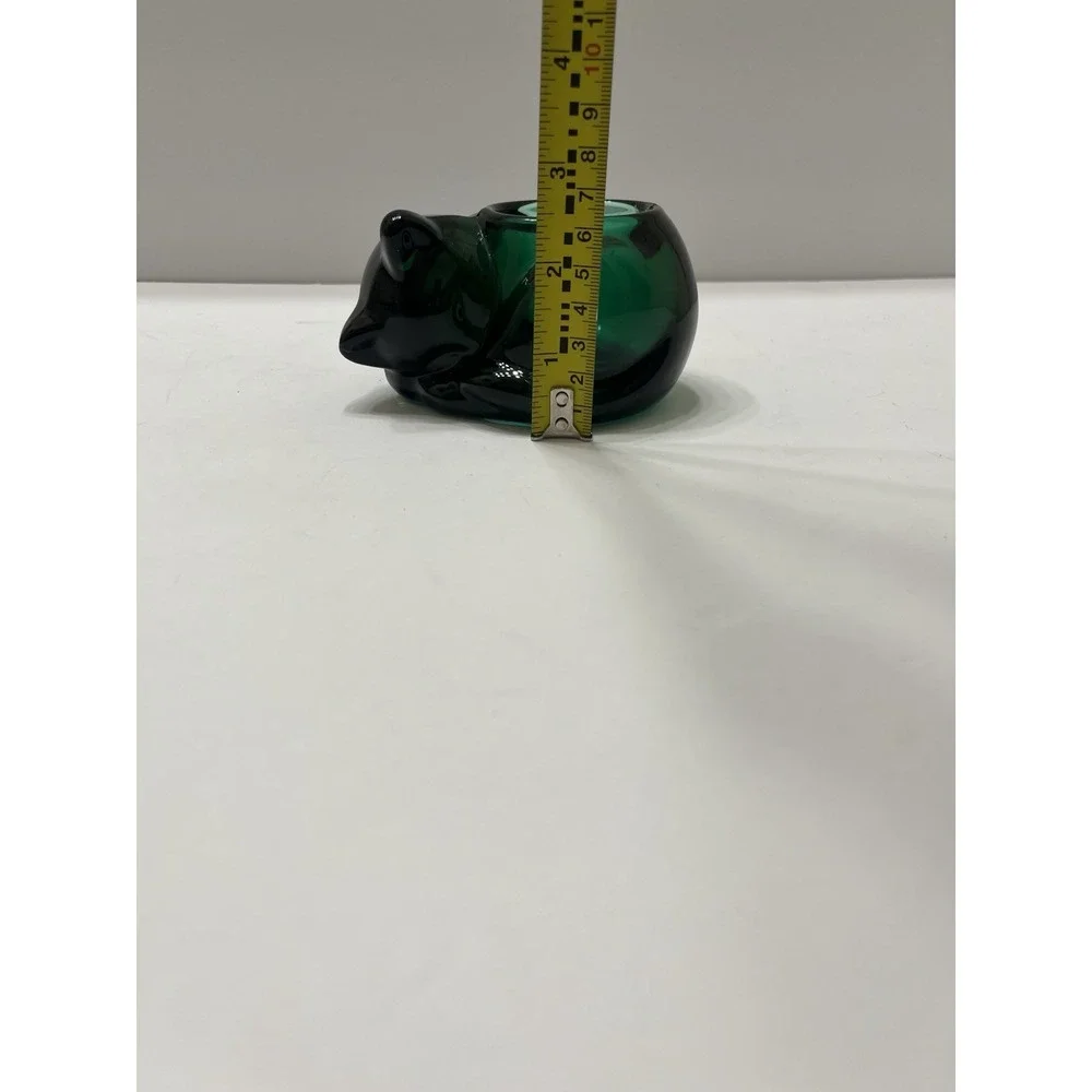 Vintage Indiana Glass Emerald Green Sleeping Cat Votive Candle Holder 4x2.5